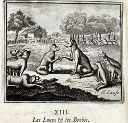 Lobos e ovelhas. Fábulas de Jean de La Fontaine (1621-95). Ilustração de François Chauveau (1613-1676). Edição de 1728.