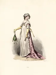 Mulher com vestido, avental e xaile de cor de pansy.