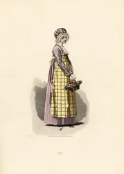 Mulher com um vestido de maricas com avental cor de palha.