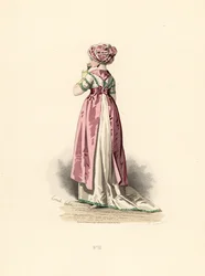 Mulher de vestido branco e corsage com guarnição verde, avental cor-de-rosa.
