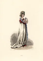 Mulher com vestido branco e acabamento de veludo preto