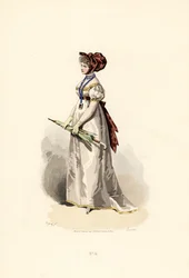 Mulher com vestido branco, com debrum cor de palha e cinto com granada.