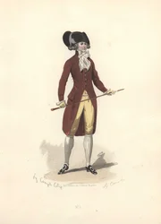 Homem com grande chapéu bicórnio preto, época de Maria Antonieta.