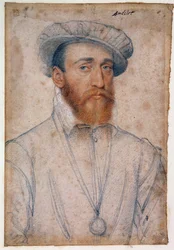 Retrato de François de Coligny, senhor de Andelot (1521 - 1569). Desenho de sangue e pedra negra de Clouet François (1515 - 1572)