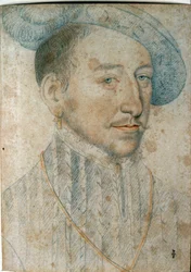 Retrato de Henrique II (1519 - 1559), Rei de França. Desenho com pedra negra e sangue de François Clouet (1515-1572)