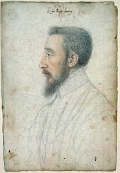 Retrato de Henrique II, Rei de França (1519 - 1559), cerca de 1547. Desenho de sangue e pedra negra de Clouet François (1515-1572)