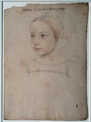 Retrato de Marguerite de France (1523-1574) criança, filha de François I, Duquesa de Sabóia Desenho com pedra preta, sangue realçado com aguarela por François Clouet (1515-1572) Chantilly do século XVI, Musee Conde