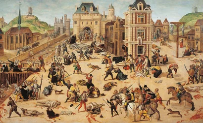 Massacre do Dia de São Bartolomeu, c.1572-84 (óleo sobre painel)