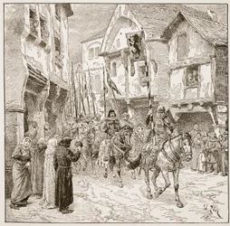 Partida do duque Robert para a Terra Santa, ilustração de "A Igreja da Inglaterra: uma história para o povo" por HDM Spence-Jones, pub. c.1910 (foto sépia)