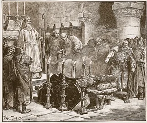 Fitz-Arthur proibindo o enterro de William, ilustração de &39;História Ilustrada de Cassell da Inglaterra&39; (foto sépia)