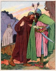 Ganelon relata as palavras do Imperador Carlos Magno (742-814) para o inimigo (Song de Roland) (Matéria da França) - Ilustração de François Zier (1856-1924) tirada de "Nos-Gloriers-Nationales" por volta de 1920