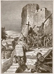 Procissão dos cruzados em volta dos muros de Jerusalém, ilustração da "História Ilustrada de Cassell na Inglaterra" (foto em sépia)