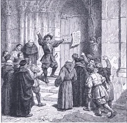Robert Aske afixando sua proclamação à porta do York Minster, de Cassells History of the British People publicado pela Waverley Book Company, c.1950