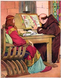 "O Rei dos Francos Carlos Magno (742-814) falando com Alcuin (731-804), monge inglês de York, precursor da reforma da escola, Aachen 782" (Retrato do Rei dos Francos Carlos Magno) e seu conselheiro Alcuin de York (Ealhwine, A