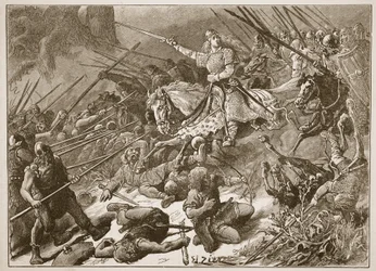 A &39;Senhora dos Mercianos&39; lutando com o galês, ilustração de &39;História Ilustrada de Cassell da Inglaterra&39; (foto sépia)