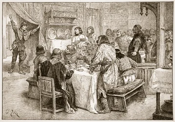 O mensageiro traz para Harold a notícia do desembarque de William, ilustração de "A Igreja da Inglaterra: Uma História para o Povo" de HDM Spence-Jones, pub. c.1910 (foto sépia)