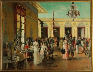 Café Frascati (Paris, França), uma cena na época de Napoleão (final de 18-1815) - Pintura de François Flameng (1856-1923), óleo sobre madeira