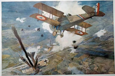 Primeira Guerra Mundial "Luta Aérea" O avião inimigo a cair em chamas. Pintura aquarelada de François Flameng (1856-1923) 1918 Coleção particular