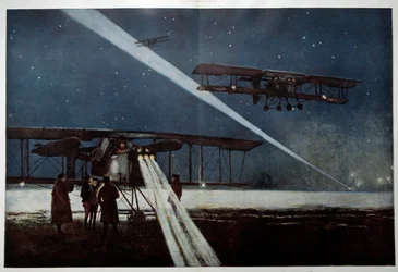 Primeira Guerra Mundial: "partida de um esquadrão "Vizinhos" para um bombardeio noturno em 1918" Pintura aquarelada de François Flameng (1856-1923) 1918 Coleção particular