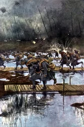 Travessia do Canal de Yser pelo 1º Corpo de Infantaria francês, 31 de julho de 1917, 4h45 da manhã Após pintura de François Flameng (1856-1923) Francês.
