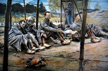 Oficiais alemães capturados pelos franceses durante uma ofensiva dos Aliados, Primeira Batalha do Somme, julho de 1916 (cor litho)