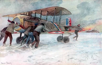 Pessoal de terra a tratar de um SPAD francês num campo coberto de neve, 1918, 1926.