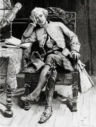 Retrato de Guy Mannering, personagem principal de Guy Mannering ou Astrólogo, romance de Walter Scott (1771-1832), gravura após desenho de François Flameng (1856-1923), de edição parisiense