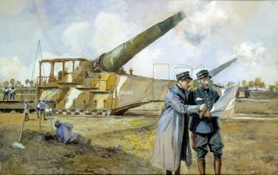 A Primeira Guerra Mundial: 400 baterias em Outubro de 1916 (ALVF ou ALGP (Large Range Heavy Artillery) dos Comandantes da Grande Guerra observam um plano de batalha. Pintura de François Flameng (1856-1923)