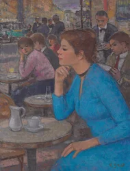 Eugenie em um vestido azul em &39;Deux Magots&39;, Paris, c.1980 (óleo sobre tela)