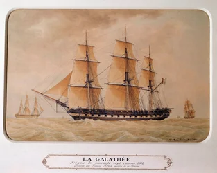 O Galathee, um fregate de 47 armas em 1812. Pintura de François Roux (1811 - 1882). Gravura a partir de 1880. Paris, Musee De La Marine.