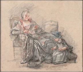 Mulher lendo e uma menina tocando Marquise de Pompadour com sua filha Alexandrine, ca 1748