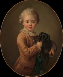 Rapaz com um Spaniel preto.