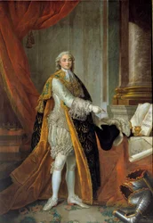 Retrato no pé de Luís Estanislau Xavier da França (futuro Luís XVIII), Conde de Provença (1755-1824) em grande vestido da Ordem do Espírito Santo (Ordem do Espírito Santo) e apresentando os Privilégios da Cidade de Angers"" Pintura de François