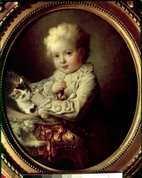 Retrato de um rapazinho brincando com um gato Pintura de François Hubert Drouais (1727-1775) Paris do século XVIII, Musee Jacquemart Andre