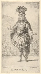 Hábito de Roy: um homem usando um tonellet decorado com rosetas, uma coroa e um turbante com..., ca. 1721.