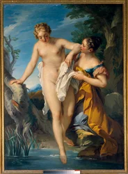 Uma banhista e a sua acompanhante. Pintura de François Le Moyne (1688-1737). Século XVIII. Dimensões 1,63 x 1,17 m. Tours, Musée des Beaux-Arts
