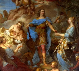 Detalhe do "Rei Luís XV (1710-1774) dando a paz à Europa" Alegoria na época do Tratado de Sevilha, a deusa Minerva está representada. Pintura de François le Moyne (1688-1737) 1729 Sol. 3,82x2,95 m - Detalhe do Rei Luís XV (1710-1774) traz