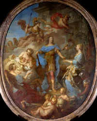 Rei Luís XV (1710-1774) dando a paz à Europa Alegoria na época do Tratado de Sevilha, a deusa Minerva está representada. Pintura de François le Moyne (1688-1737) 1729 Sol. 3,82x2,95 m .