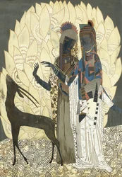 Duas mulheres estilizadas com um antílope entre folhas, c.1928 (painel de madeira laqueada e coquille d&39;oeuf)