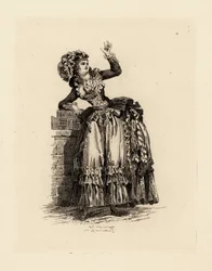 Mulher da moda em boné a la Nicolet, era de Maria Antonieta (gravura)