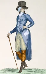 Mestre da Casa Real com um elaborado casaco azul, gravado por Le Beau, placa no.256 de &39;Galeries des Modes et Costumes Francais&39;, c.1778-87