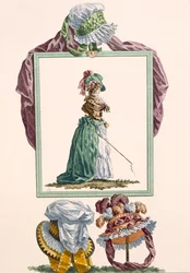 Jovem mulher vestida de pierrot caraco segurando um chicote de carruagem, gravado por Dupin, placa no.238 de &39;Galeries des Modes et Costumes Francais&39;, c.1778-87