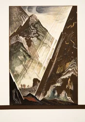 Prometheus sendo pregado na rocha por Hefesto, Kratos e Bia, de Prométhée Enchaîné por Ésquilo, pub. 1941 (impressão pochoir)