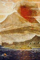 A odisseia por Homere: Ulysses appreaching da ilha do vulcão cyclops, gravado por Theo Schmied, litro cor 1930-33