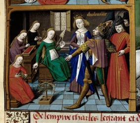 Cenas da vida de Carlos Magno (742-814) rei dos Francos: o imperador visita mulheres fiando lã. Miniatura retirada do manuscrito "Speculum historiale" (Le Mirror historiale) de Vincent de Beauvais (1184/94-1264) iluminado pelo Mestre Franc