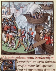 Sétima Cruzada: a frota das Cruzes liderada por São Luís de Damiette, em 1249. Miniatura extraída do manuscrito "Le Mirror historial de Vincent de Beauvais", volume III do mestre François (século XV). Fol.418r. Musee Conde, Chantilly