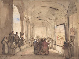 Um cardeal examinando uma pintura em um claustro, primeira metade do século XIX.