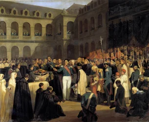 Funeral para as vítimas do ataque de Fieschi em 5/08/1835 na presença do rei Louis-Philippe O ataque de Giuseppe Fieschi (conspirador corso) teve lugar em 28 de Julho de 1835 contra Louis-Philippe I, rei dos franceses, Boulevard du Temple em Paris. P