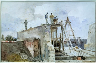 Canteiro de obras em construção visto da janela Granet do Instituto. Aquarela de François Marius Granet (1775-1849). Século XIX. Dim. 0,25x0,38 m. Paris, Museu do Louvre