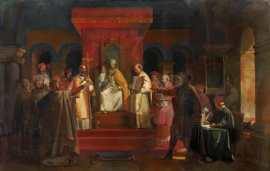 Papa Honório II concedendo reconhecimento oficial aos Cavaleiros Templários em 1128